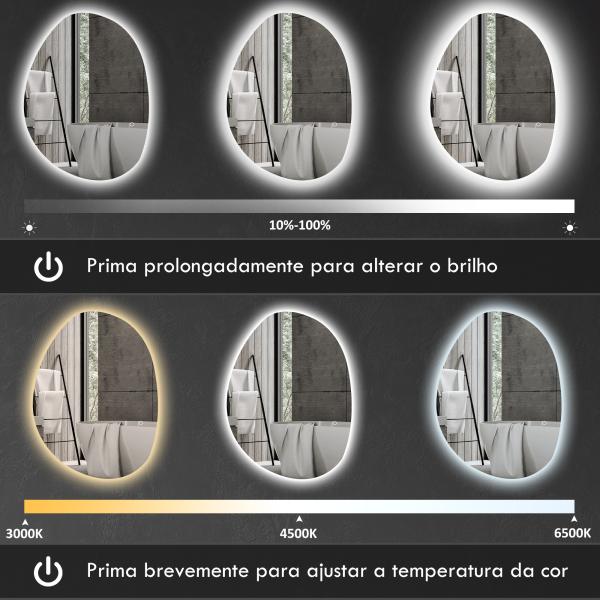 Espelho de Casa de Banho LED 3 Cores de Luz Brilho Regulável Função Anti Embaciamento Função Memória IP44 80x60 cm Prata