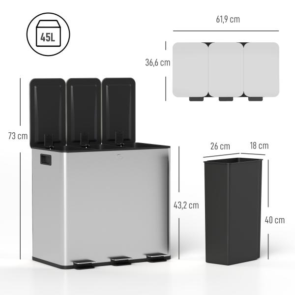Balde de Lixo de Cozinha com 3 Compartimentos 3x15L com Pedais Tampas com Fechamento Suave e Cubo Amovível Prata