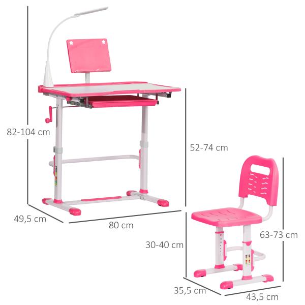 Conjunto de Secretária e Cadeira para Crianças com Altura Ajustável Mesa Inclinável Lâmpada LED 80x49,5x80 - 105cm e 36x34x60 - 73cm Rosa