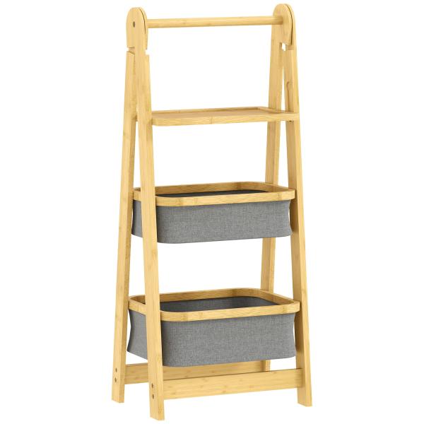 Estante Dobrável para Casa de Banho de Bambu com 2 Cestos para Roupa Suja Estante Aberto 44,5x32x99 cm Cinzento