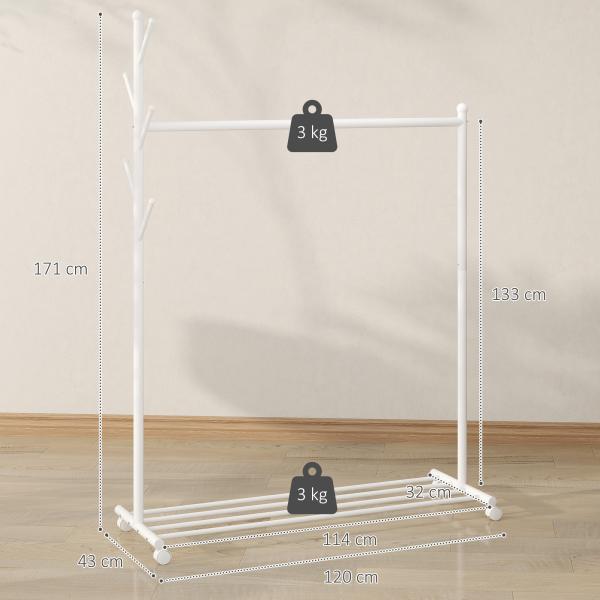 Charriot com Rodas 5 Ganchos Barra para Pendurar e Prateleira Inferior 120x43x171 cm Branco