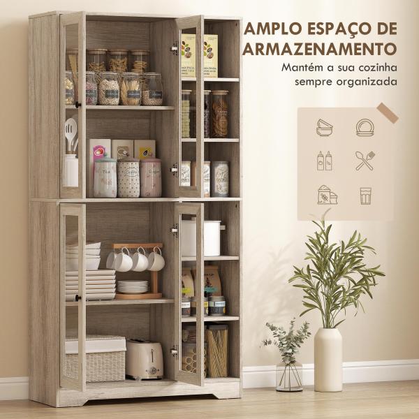 Armário de Cozinha Móvel Auxiliar de Cozinha com Prateleiras Abertas e 4 Portas de Vidro 90x35x172 cm Cinza Claro