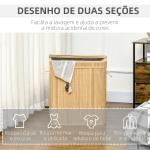 Cesto de Roupa Suja 90L em Bambu com 2 Compartimentos Alças e Bolsa Interna Removível 54,2x35,2x59,5 cm Madeira