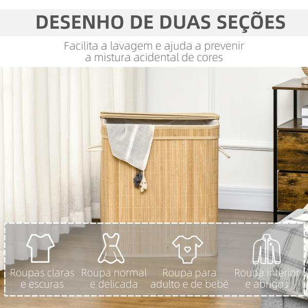 Cesto de Roupa Suja 90L em Bambu com 2 Compartimentos Alças e Bolsa Interna Removível 54,2x35,2x59,5 cm Madeira