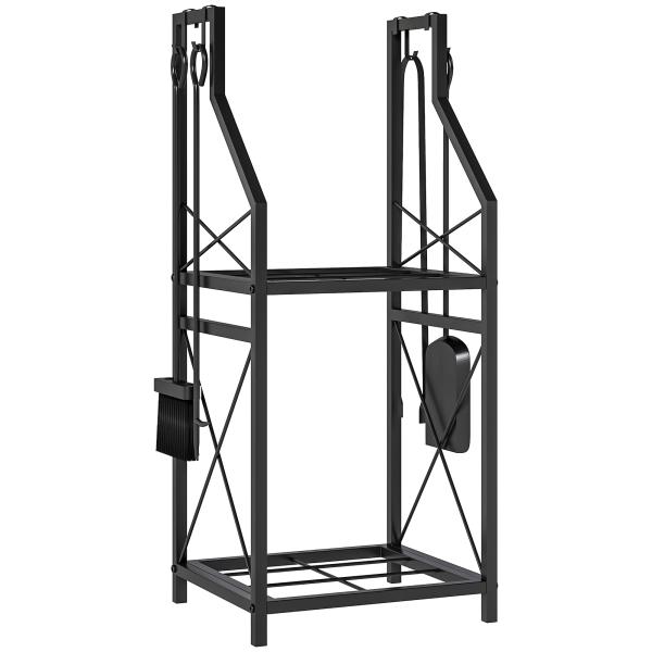 Suporte Metálico para Lenha 2 Níveis com 4 Ferramentas Ganchos e Base Elevada para Interior e Exterior 34x30x80 cm Preto