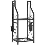 Suporte Metálico para Lenha 2 Níveis com 4 Ferramentas Ganchos e Base Elevada para Interior e Exterior 34x30x80 cm Preto