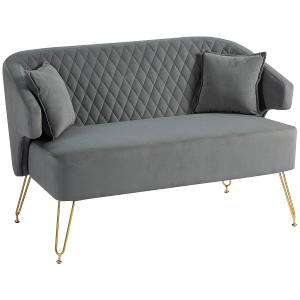 Sofá de 2 Lugares Estofado em Veludo Sofá Sala de Estar com 2 Almofadas e Pés de Aço Dourado Sofá Pequeno 124x69x76 cm Cinza
