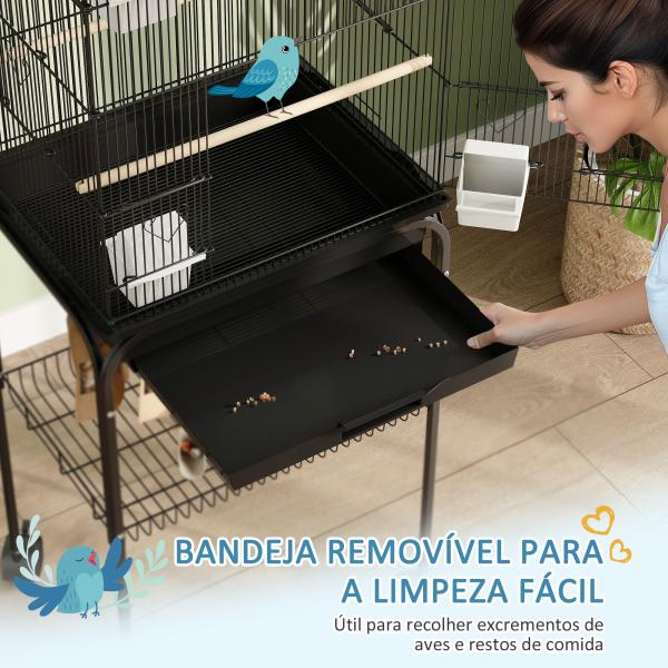 Gaiola de Metal para Pássaros com Bandeja Amovível Rodas 4 Comedouros 3 Poleiros e 1 Baloiço 50,5x41x163 cm Preto