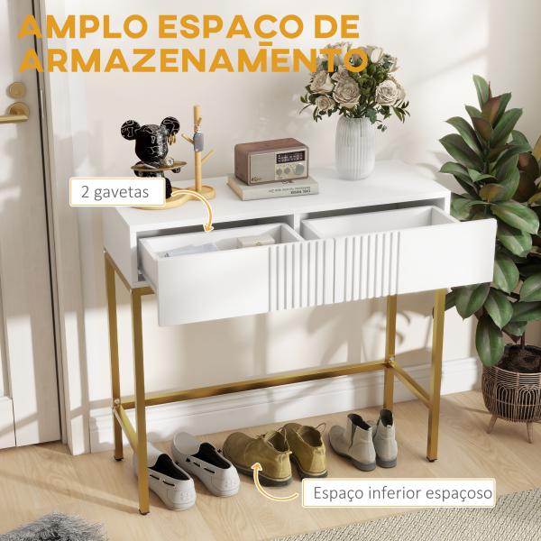 Mesa Consola Moderna Mesa de Entrada com 2 Gavetas e Pés de Aço Anti - tombo para Entrada Sala Corredor 80x31,5x75 cm Branco