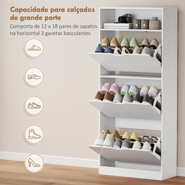 Sapateira Estreita com 3 Gavetas Rebatíveis Prateleiras Ajustáveis e Compartimento Aberto Capacidade para 12 - 18 Pares Branco