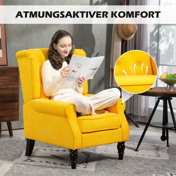 Poltrona de Sala com Apoios de Braço e Pernas de Madeira Capacidade de 160 kg para Quarto Escritório 74x86x102 cm Amarelo