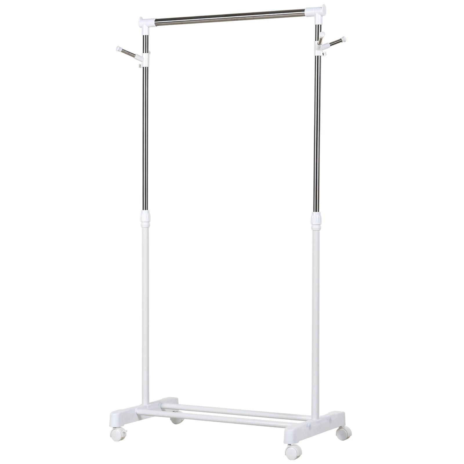 Charriot com Altura Ajustável Cabide com Rodas Portátil Prateleira Inferior Aço 68,5x42x87 - 145cm Branco e Prata