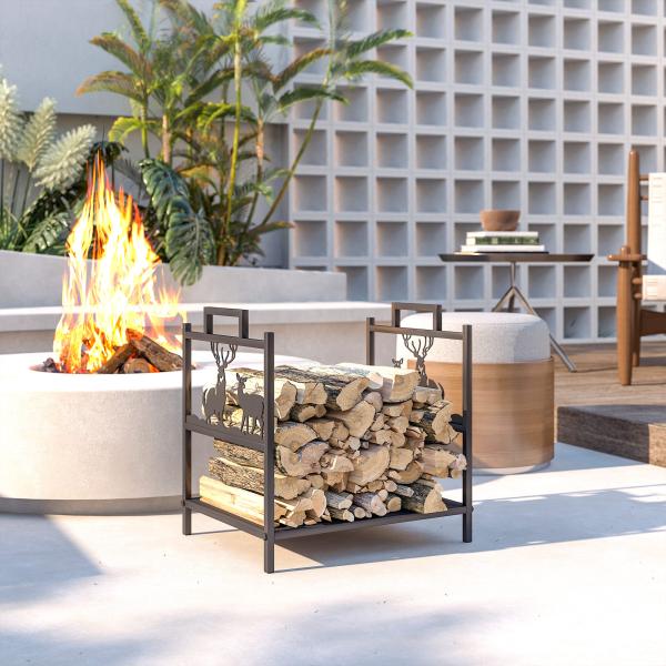Suporte para Lenha em Metal com Pegas 42,5x33,5x43 cm para Lareira Jardim e Terraço Preto