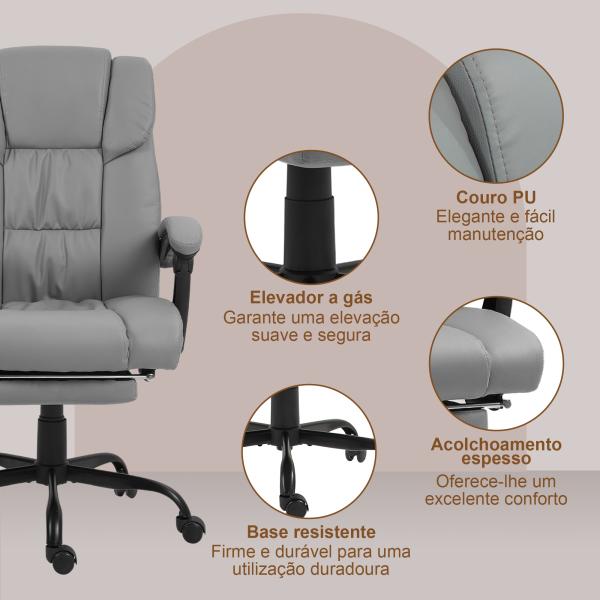 Cadeira de Escritório com Massagem de 6 Pontos Encosto Alto Reclinável Apoio para Pés e Controlo Remoto 66x75x112 - 122 cm Cinza
