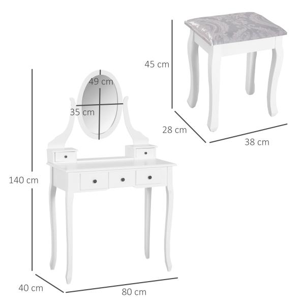 Toucador de Maquilhagem com Banco MDF e Madeira Maciça 80x40x140cm Branco