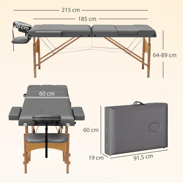 Marquesa de Massagem Dobrável Portátil com Altura Ajustável Apoio de Cabeça Apoios de Braço Acolchoados 215x60x64 - 89 cm Cinza