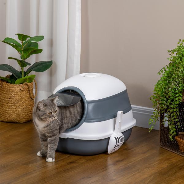 Caixa de Areia para Gatos Dobrável Caixa de Areia para Gatos Fechada com Pá 52x41x38 cm Branco e Cinza
