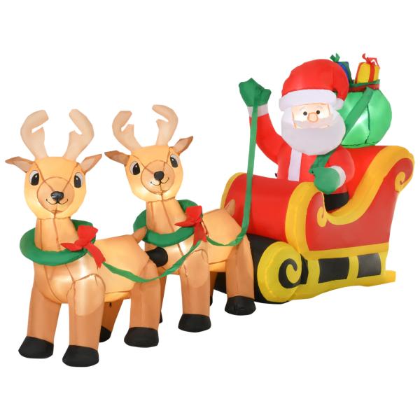 Pai Natal com Trenó e Renas Infláveis com Luzes LED Decoração de Natal para Exterior Ar Livre com Inflador 240x57x112cm Multicor