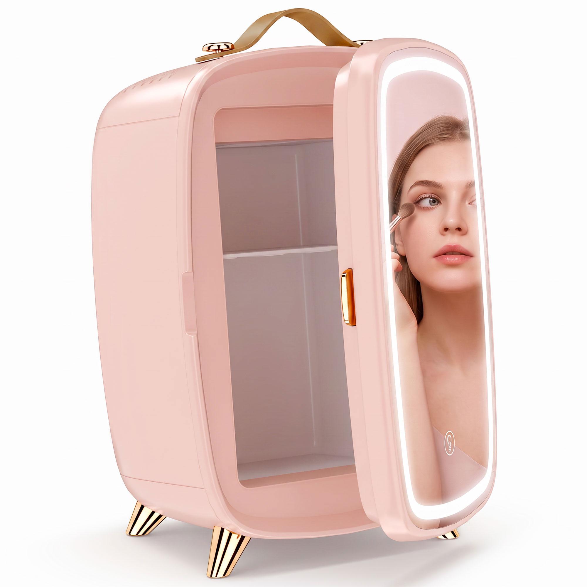 Mini Frigorífico para Cosméticos com 6 L, Porta com Espelho e Luzes LED Ajustáveis, Rosa, 24,3 x 19,4 x 35,6 cm