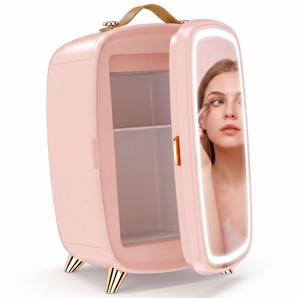 Mini Frigorífico para Cosméticos com 6 L, Porta com Espelho e Luzes LED Ajustáveis, Rosa, 24,3 x 19,4 x 35,6 cm