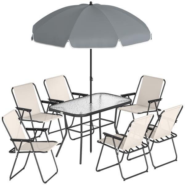 Conjunto de Mesa e Cadeiras de Jardim de 8 Peças com Chapéu de Sol 6 Cadeiras Dobráveis e Mesa de Vidro Creme e Cinza