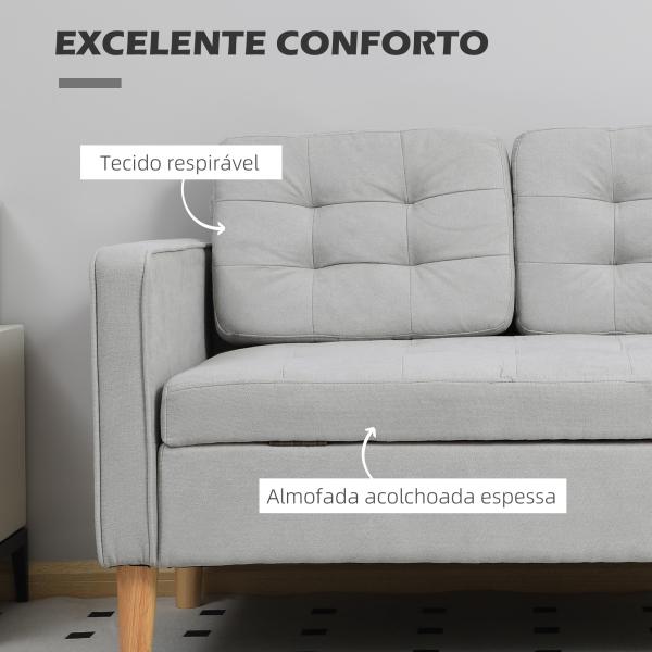 Sofá de 2 Lugares com Espaço de Armazenamento Pés de Madeira Encosto Capitonê 117x62x78 cm Cinzento Claro