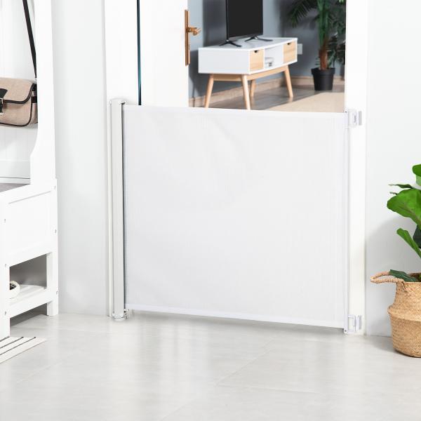 Barrera para Cães Retrátil Dobrável com Largura Ajustável 5,5 - 115 cm com Função de Enrolamento Automático Branco
