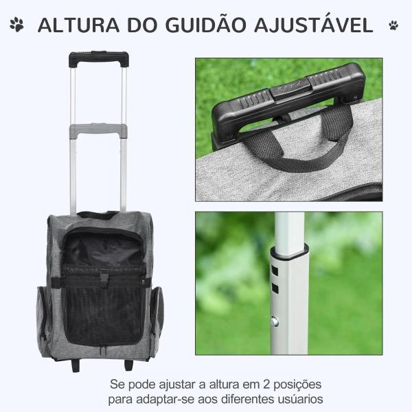 Transportadora Carrinho para Animais de Estimação 2 em 1 Mochila de Viagem com 2 Rodas para Cães Gatos com Alça Retrátil de Alumínio e Bolso de Armazenamento 42x25x55cm Cinza