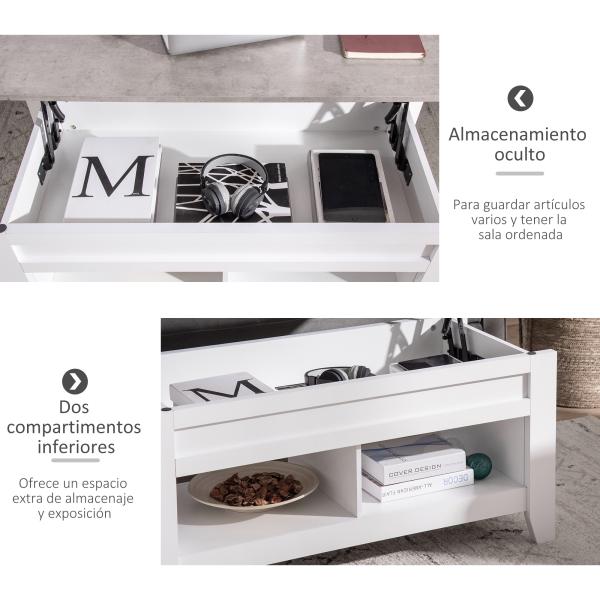 Mesa de Centro com Bancada Elevável Mesa de Centro com 2 Compartimentos Abertos Bancada de Imitação a Mármore Mesa Retangular para Sala de Estar 105x50x49cm Branco