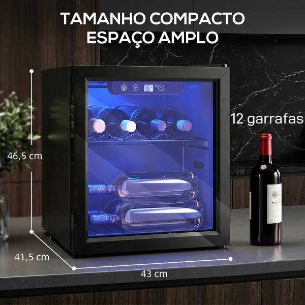 Vinoteca 12 Garrafas, Frigorífico para Vinhos 36 L com Temperatura Ajustável 4 - 16 ℃ Porta de Vidro Duplo Luz LED, Preto
