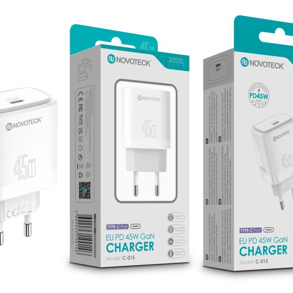 Carregador Rápido NOVOTECK C - 015 EU PD 45W GaN - Compatível com USB - C, Portátil e Potente,Branco