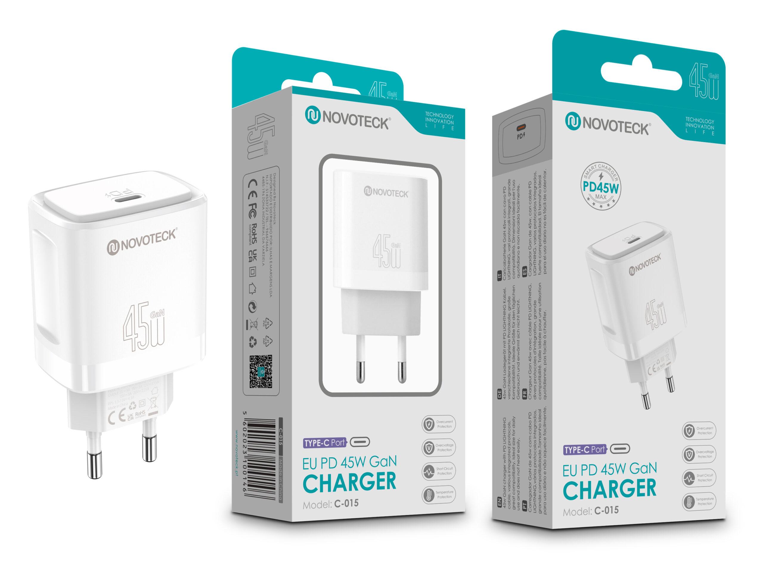 Carregador Rápido NOVOTECK C - 015 EU PD 45W GaN - Compatível com USB - C, Portátil e Potente,Branco
