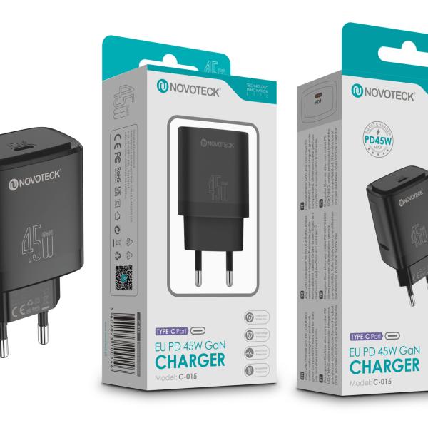 Carregador Rápido NOVOTECK C - 015 EU PD 45W GaN - Compatível com USB - C, Portátil e Potente,Negro