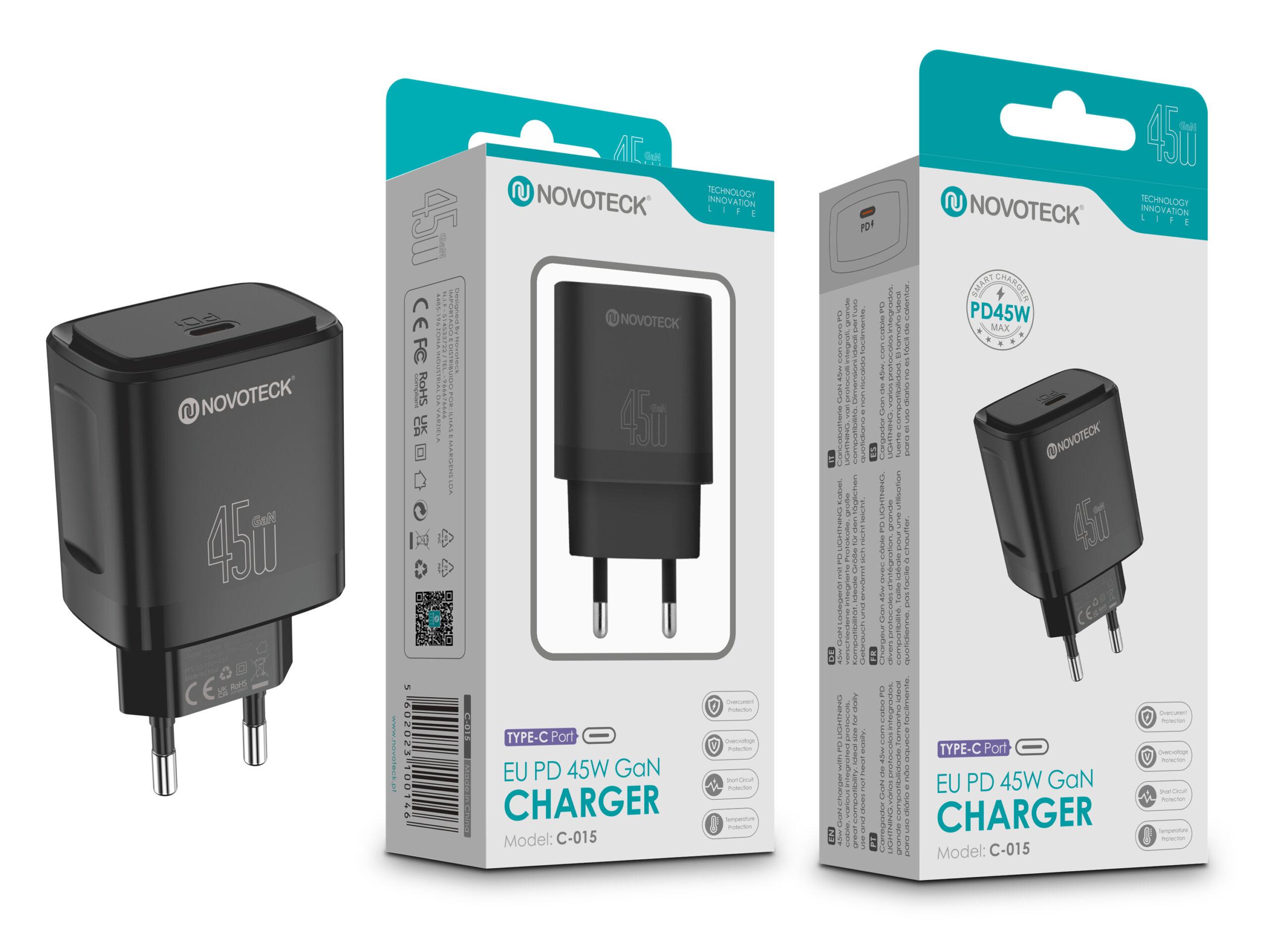 Carregador Rápido NOVOTECK C - 015 EU PD 45W GaN - Compatível com USB - C, Portátil e Potente,Negro