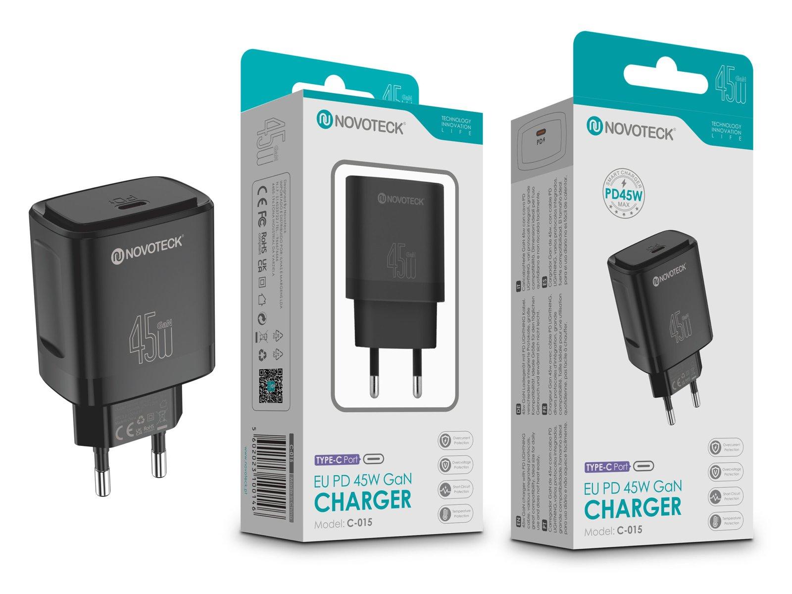 Carregador Rápido NOVOTECK C-015 EU PD 45W GaN - Compatível com USB-C, Portátil e Potente,Negro