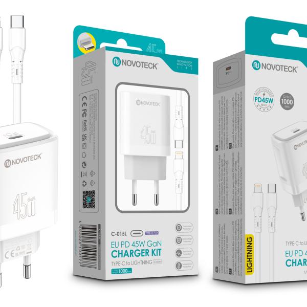 Kit Carregador Rápido NOVOTECK C - 015L PD 45W GaN - Com Cabo Type - C para Lightning, Portátil e Eficiente