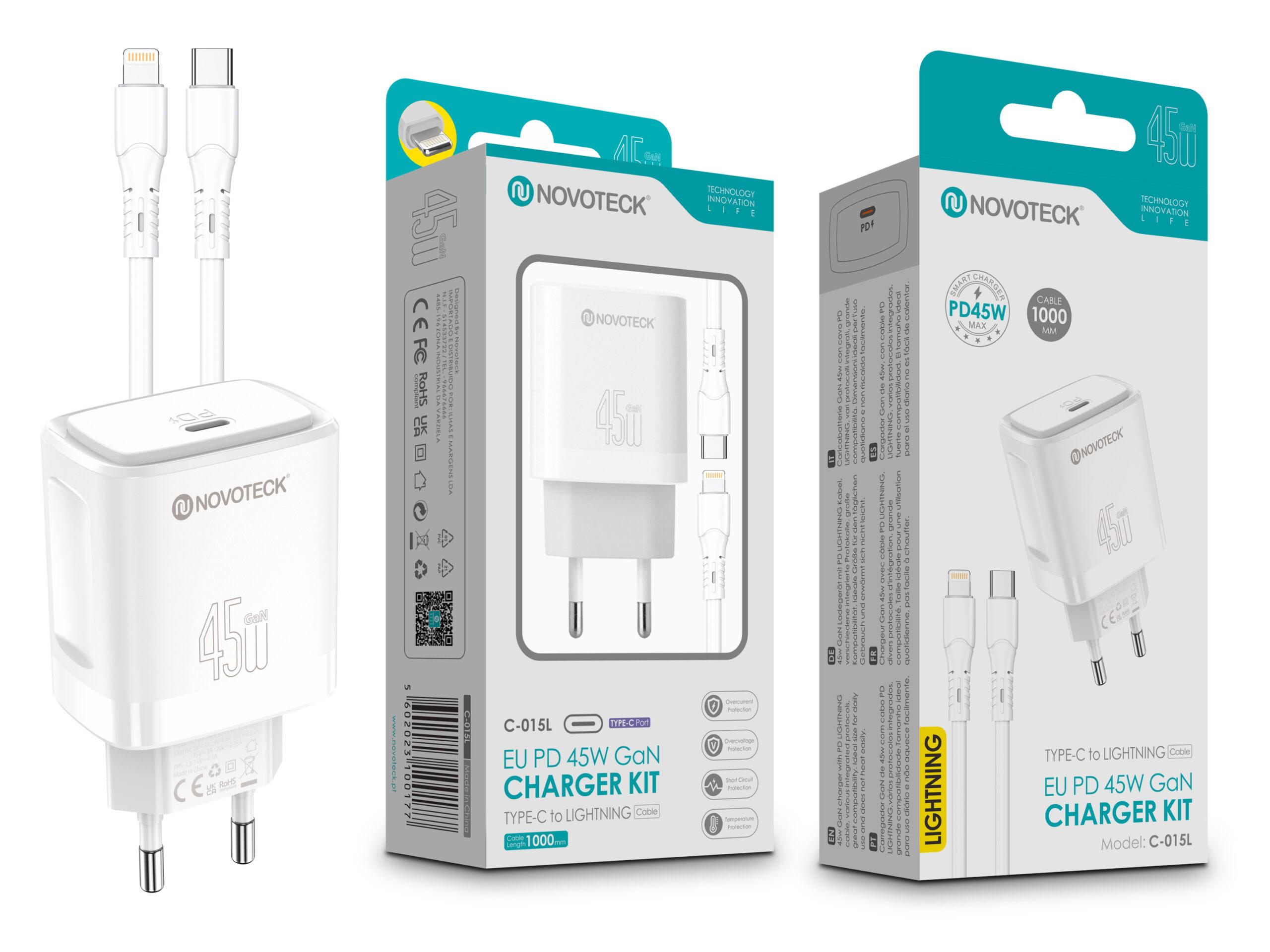 Kit Carregador Rápido NOVOTECK C - 015L PD 45W GaN - Com Cabo Type - C para Lightning, Portátil e Eficiente