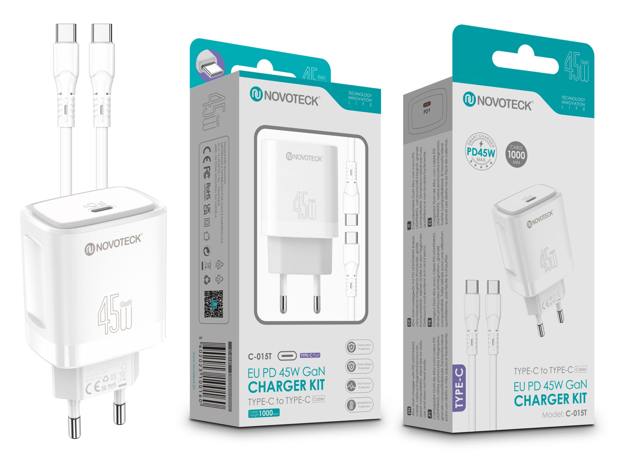 Kit Carregador Rápido NOVOTECK C - 015T PD 45W GaN - Com Cabo Type - C, Portátil e Potente