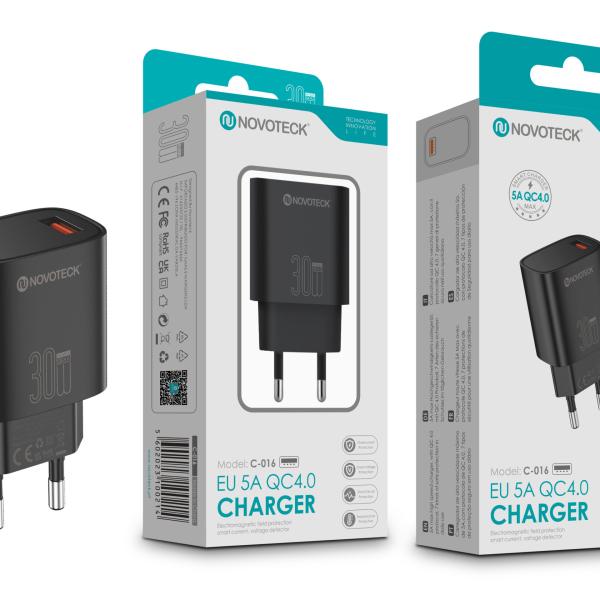 Carregador Rápido NOVOTECK C - 016 QC4.0 30W - Carregamento Eficiente de 5A, Compacto e Seguro Negro