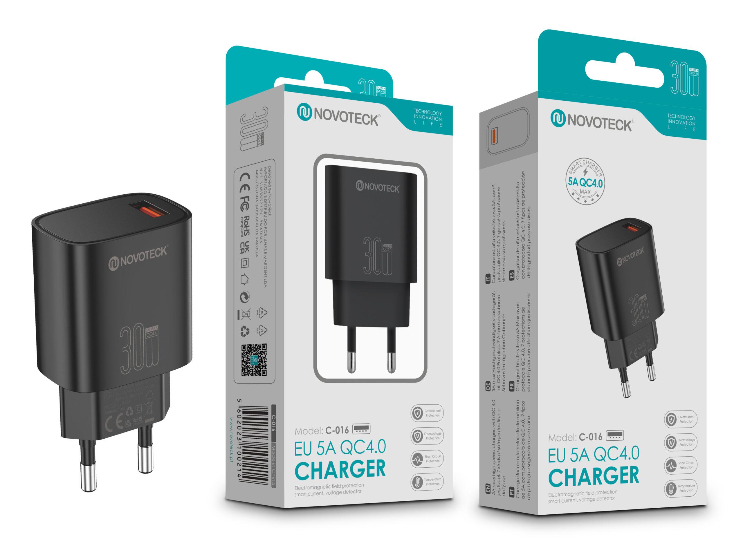 Carregador Rápido NOVOTECK C - 016 QC4.0 30W - Carregamento Eficiente de 5A, Compacto e Seguro Negro