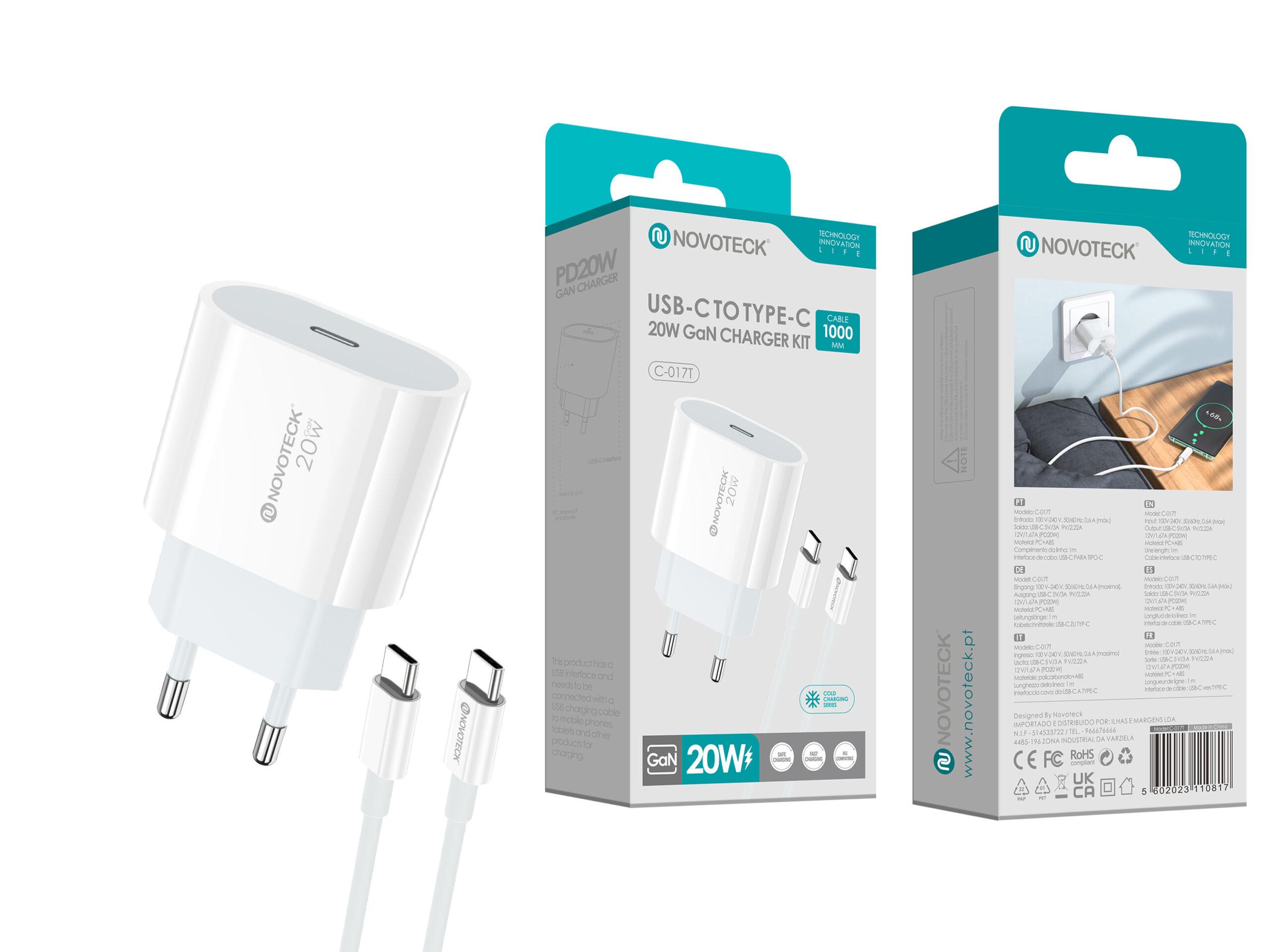 Carregador GaN USB - C PD 20W Cabo Usb - C to Type - C NOVOTECK C - 017T