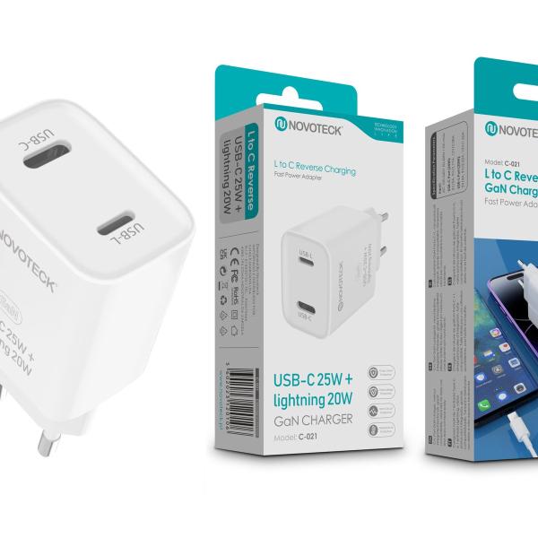 Carregador GaN NOVOTECK C-021 – USB-C 25W + Lightning 20W, Tecnologia PD