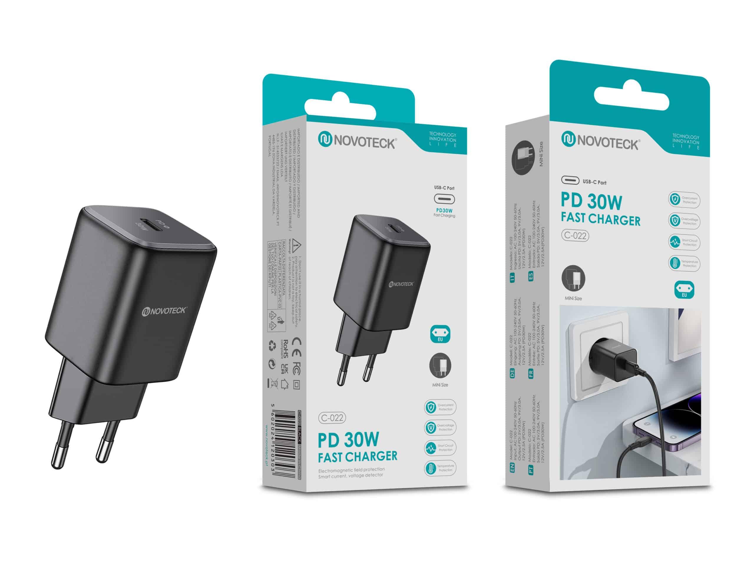 Carregador Rápido USB - C Negro C - 022 – 30W PD, Compacto, Compatível com Smartphones e Laptops