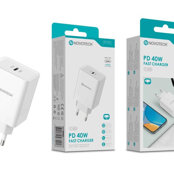 Carregador Rápido USB-C Branco C-023 – 40W PD, Compacto e Seguro para Smartphones, Tablets e Laptops