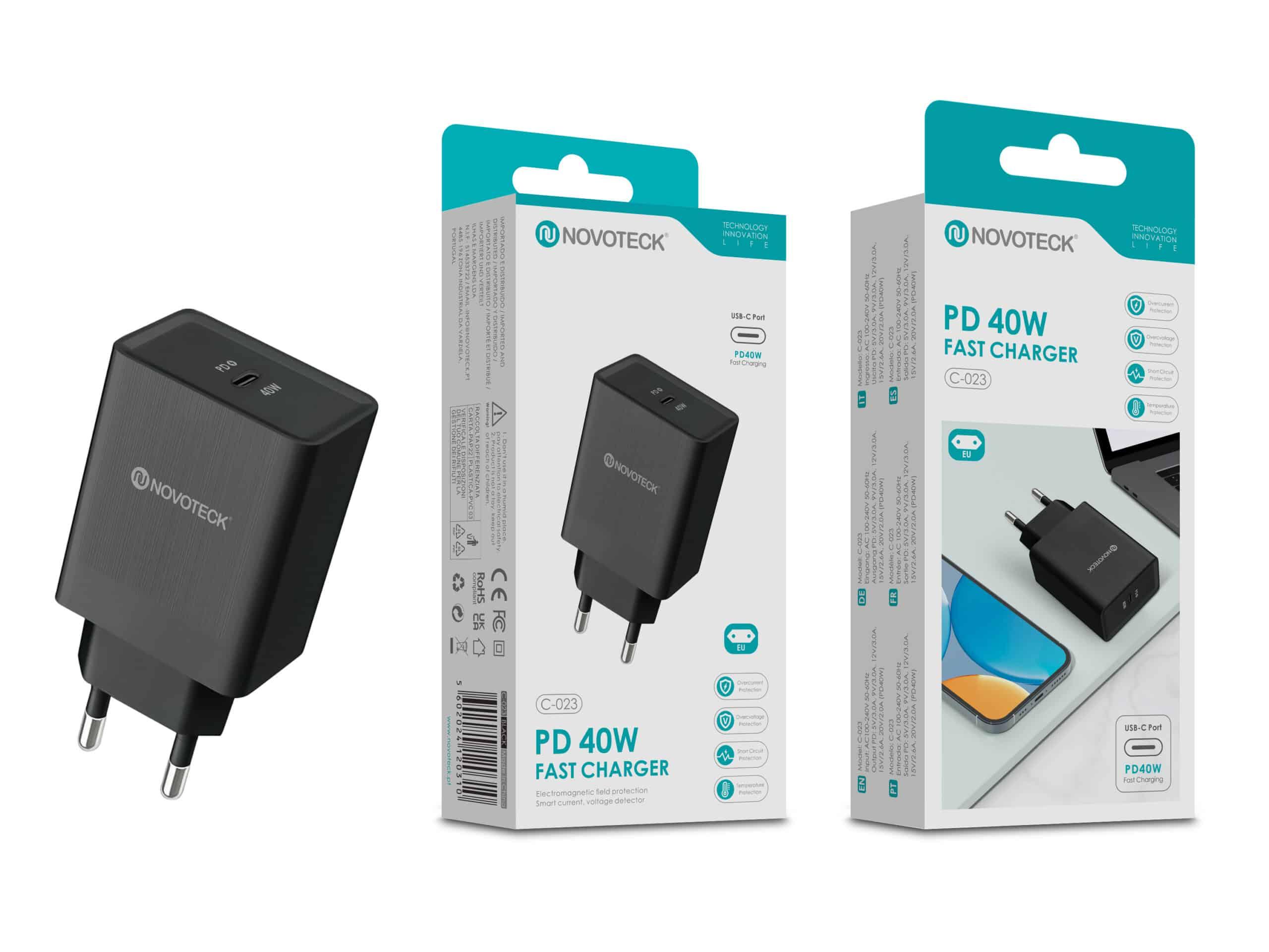Carregador Rápido USB - C Negro C - 023 – 40W PD, Compacto e Seguro para Smartphones, Tablets e Laptops