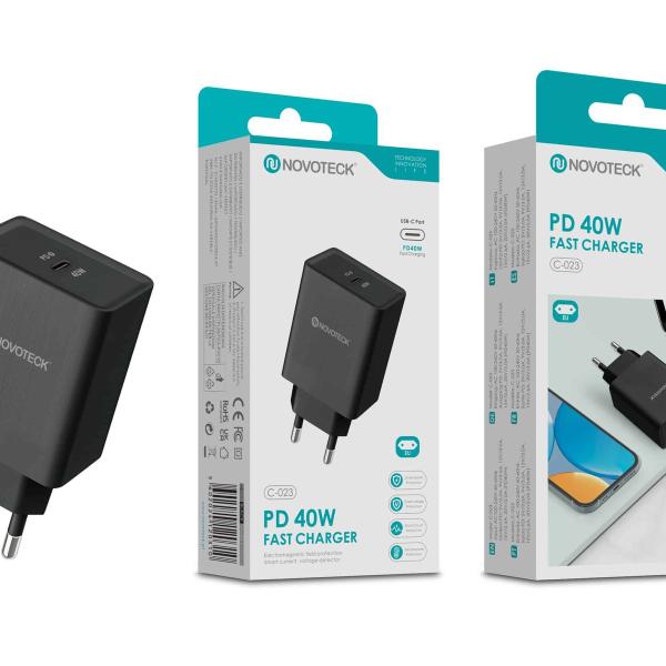 Carregador Rápido USB-C Negro C-023 – 40W PD, Compacto e Seguro para Smartphones, Tablets e Laptops