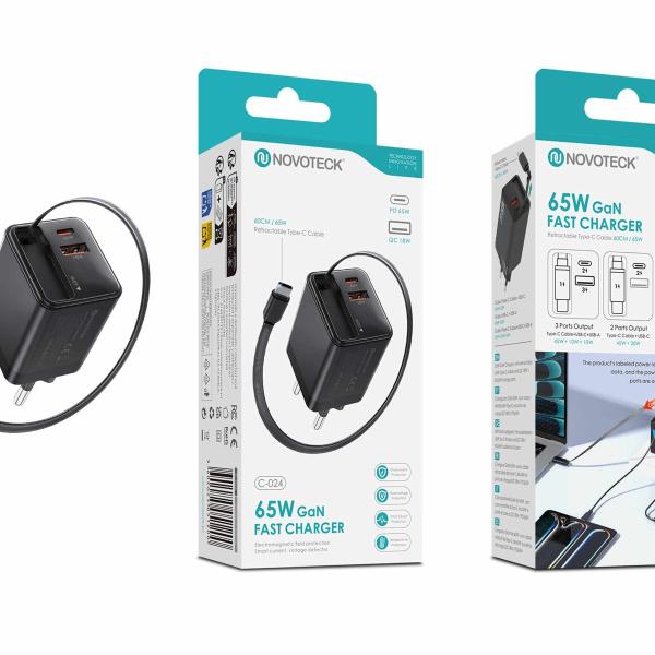 Carregador Rápido GaN de 65W com Cabo Tipo-C Retrátil – 3 Portas USB (PD + QC) – NOVOTECK C-024