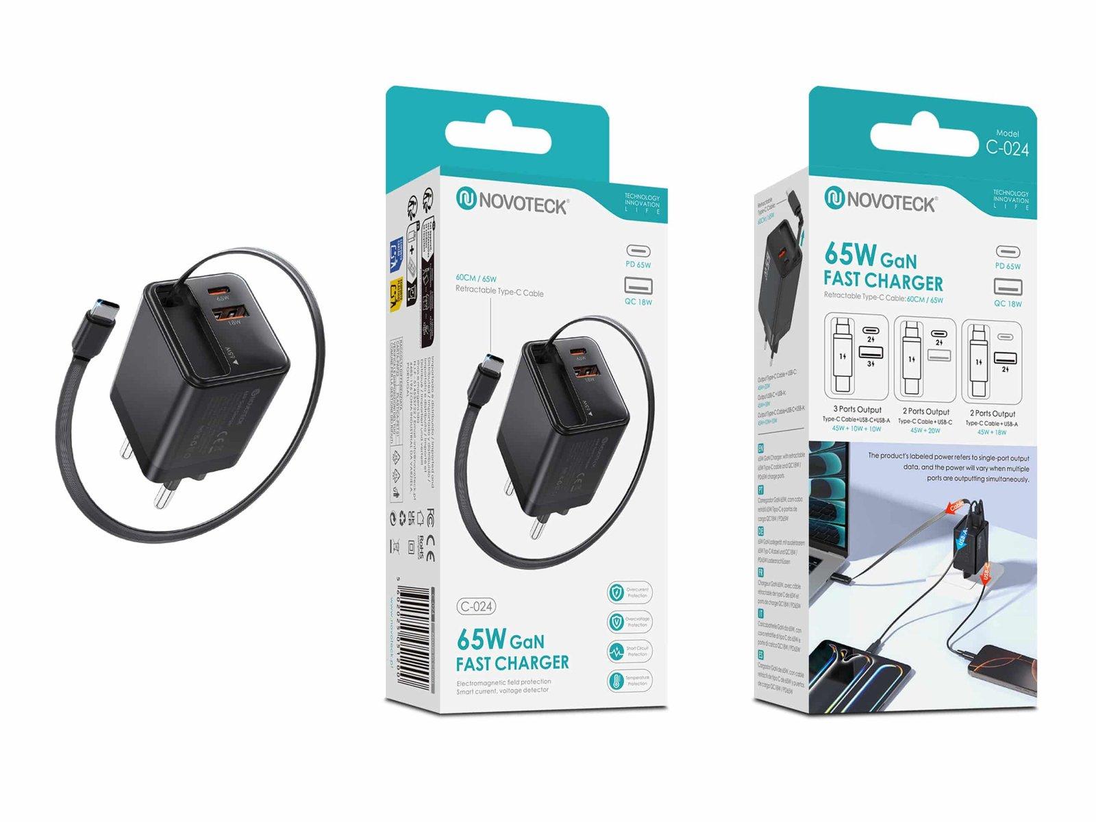 Carregador Rápido GaN de 65W com Cabo Tipo-C Retrátil – 3 Portas USB (PD + QC) – NOVOTECK C-024