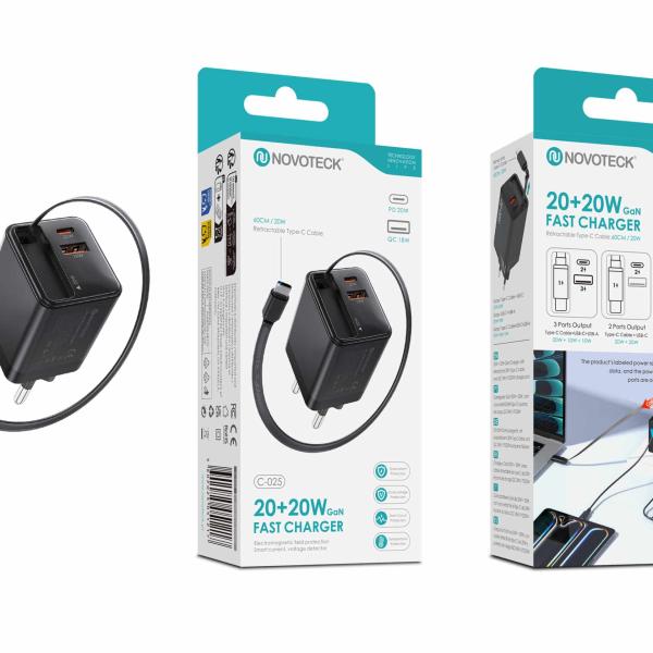Carregador Rápido GaN 20W+20W com Cabo Tipo - C Retrátil – 3 Portas USB (PD + QC) – NOVOTECK C - 025