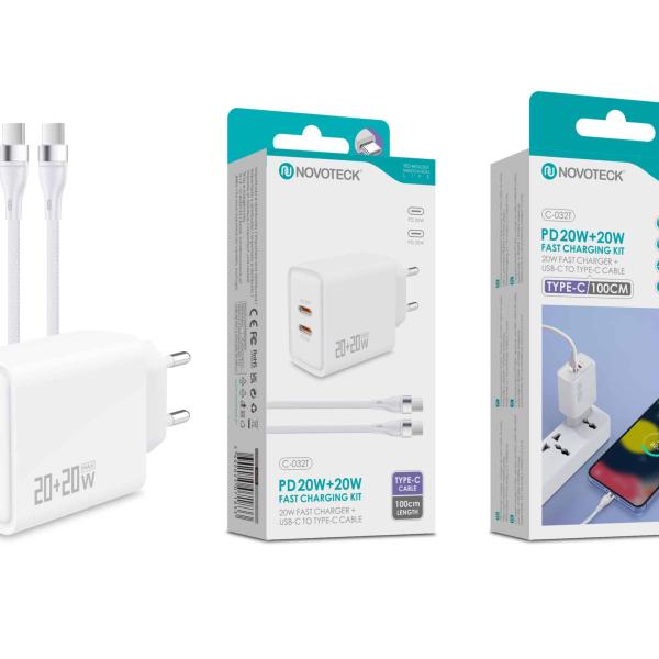 Carregador Rápido PD 20W Duplo com Cabo USB - C 100cm – Kit de Carregamento – Modelo C - 032T